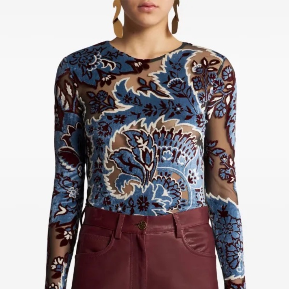 Etro Blue and Brown Floral Mesh Blouse